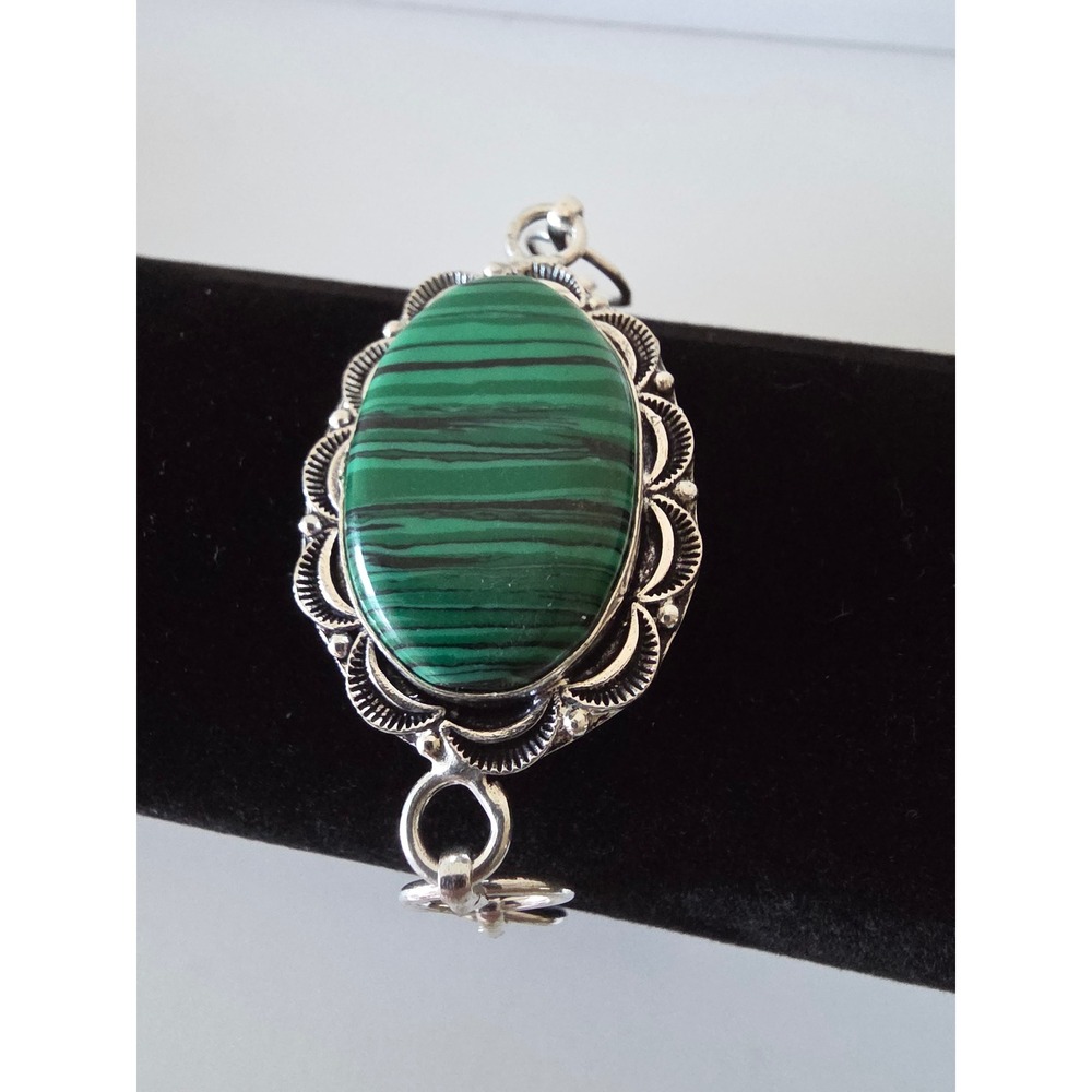 Aurora Sterling Silver Green Malachite Oval Gemstone Toggle Bracelet 6-8in
